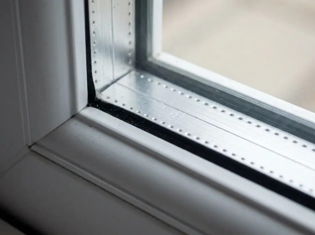 Randverbund einer Isolierglasscheibe mit Abstandhalter, Nahaufnahme