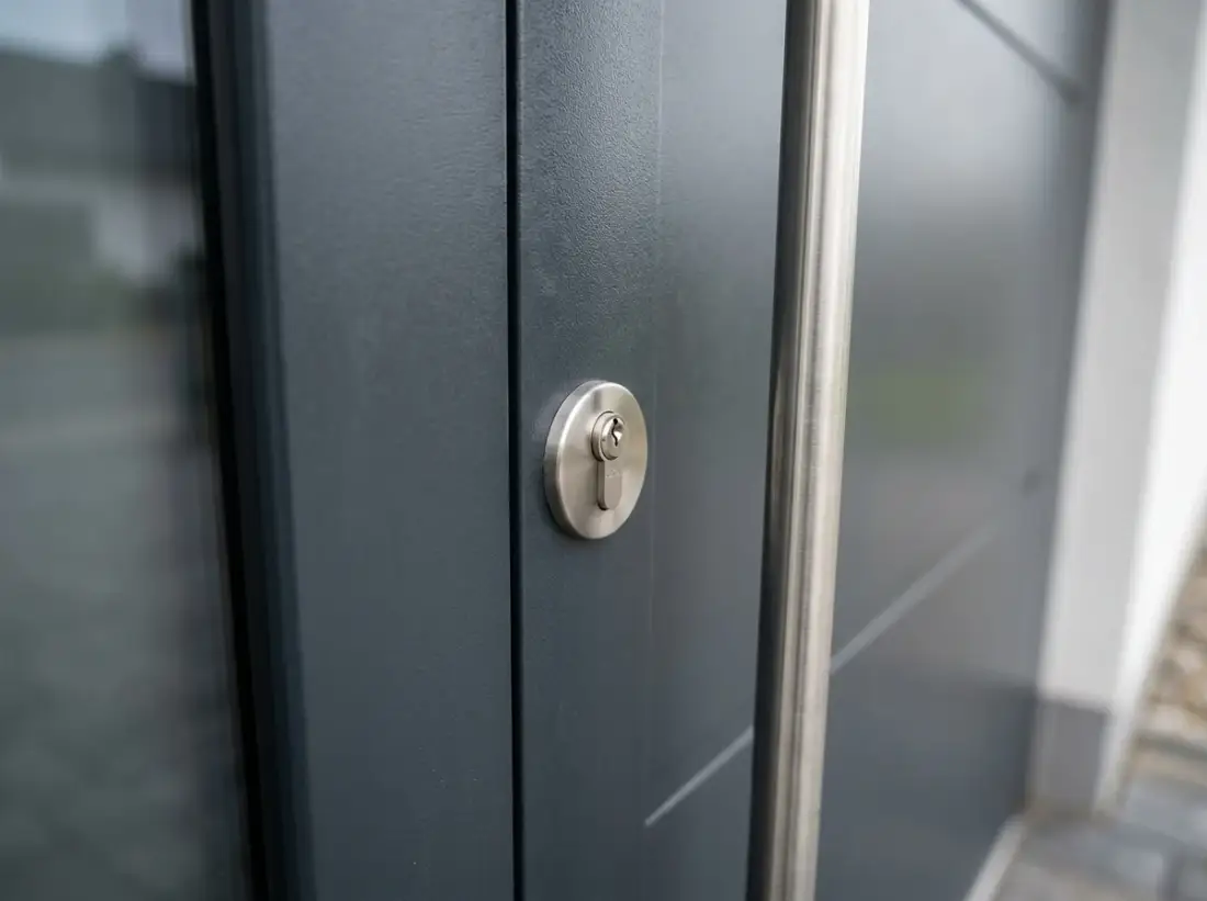 Griff und Schloss einer modernen Aluminium-Haustür in Nahaufnahme
