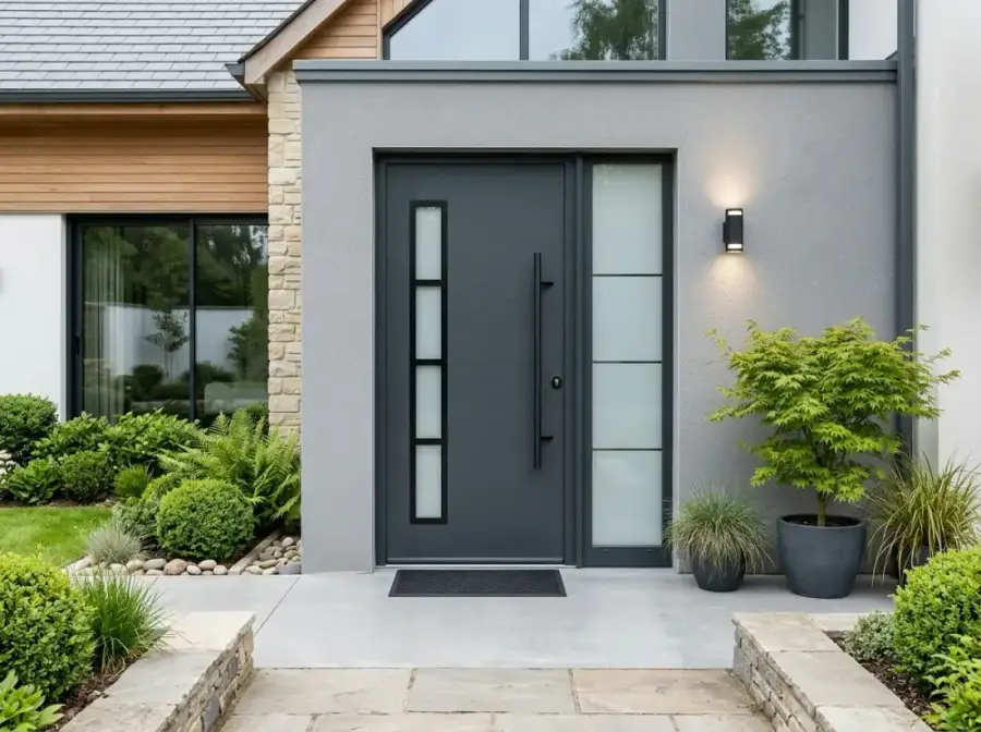 Moderne Aluminium-Haustür an einem Einfamilienhaus
