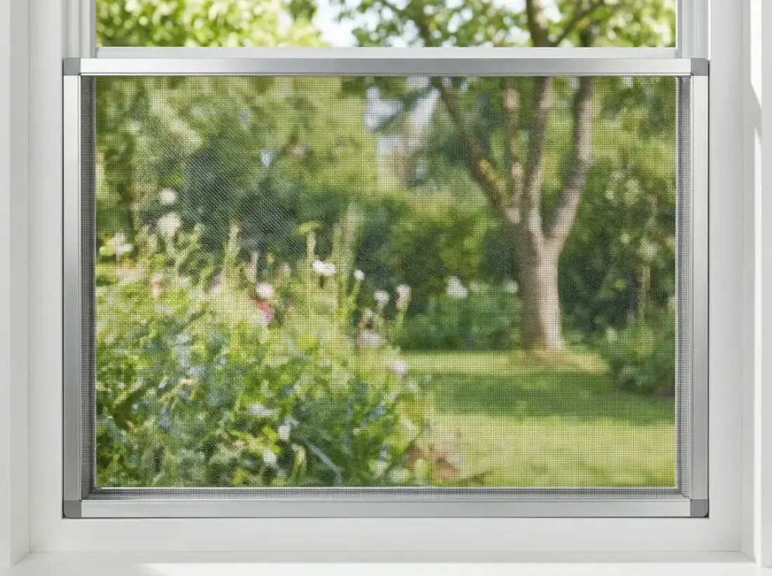 Insektenschutzgitter im Aluminiumrahmen, Nahaufnahme des Gewebes