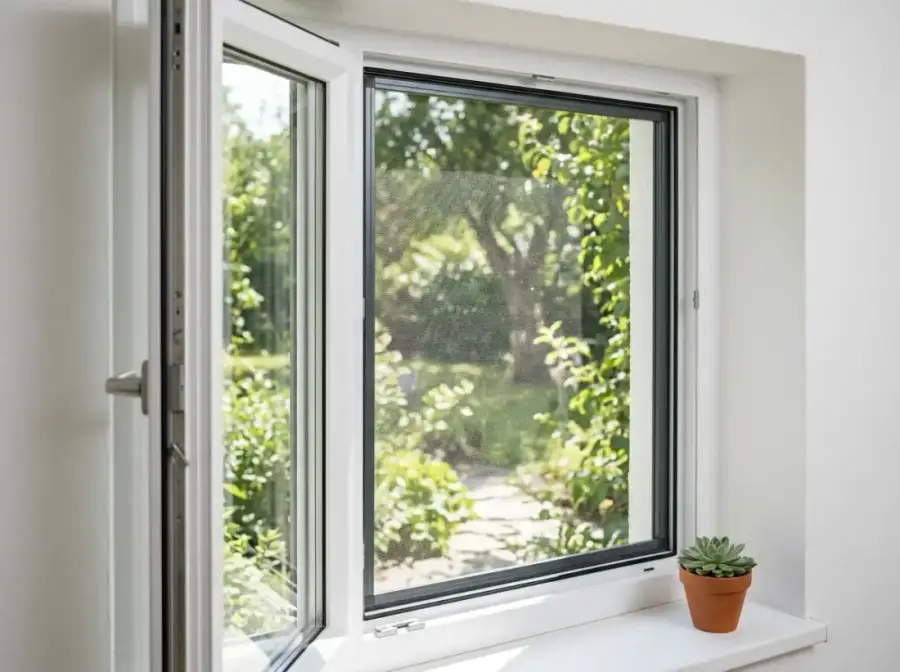 Insektenschutzgitter als Spannrahmen in einem Fenster
