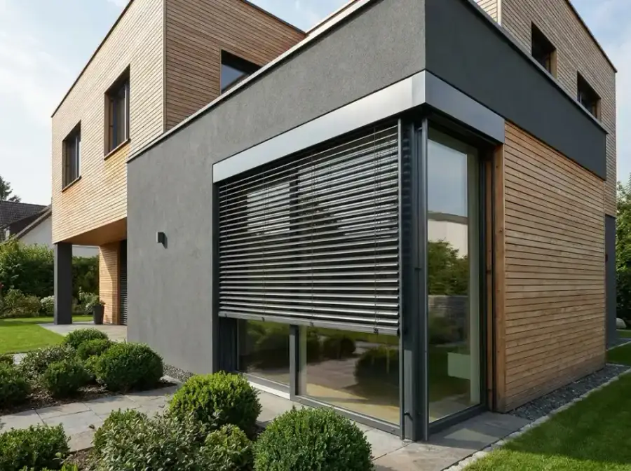 Modernes Fenster mit außenliegendem Raffstore als Sonnenschutz